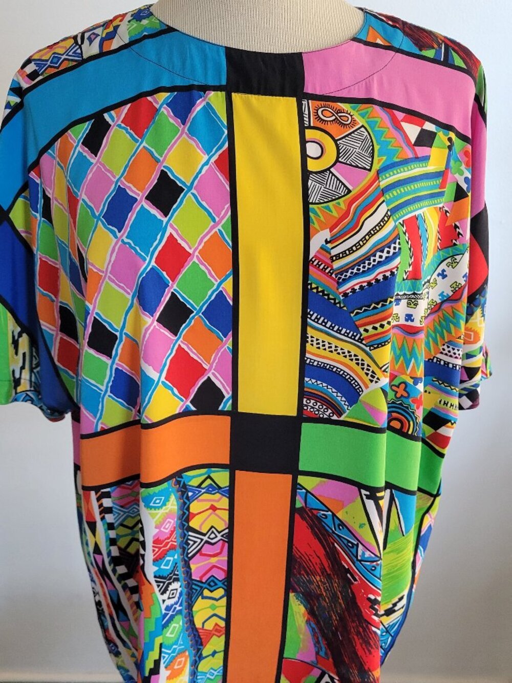 Vintage Antibes 80s Colorful Abstract Blouse, Geometric Patchwork Print - Size M
